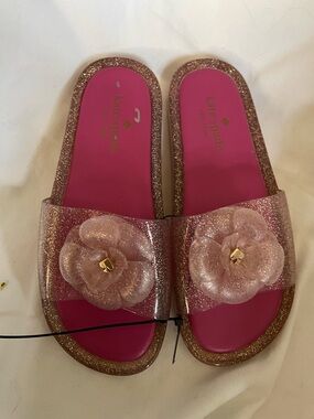 Kate Spade Jaylee Glitter Jelly Floral Thong Sandals Sz 7B Rose Gold/Silver/Pink